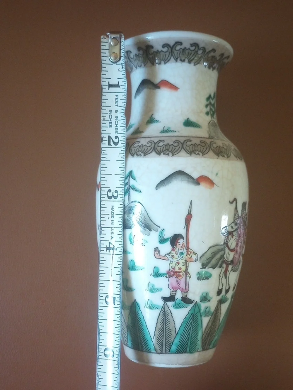 Vintage Ceramic Vase w/ Horses. Cream Green Pink Brown Orange Black